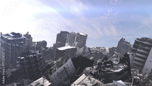 3d rendering-Destroyed city after earthquake or war, aerial 
Cinematic view of Apocalyptic destroyed city, 4K,2024

