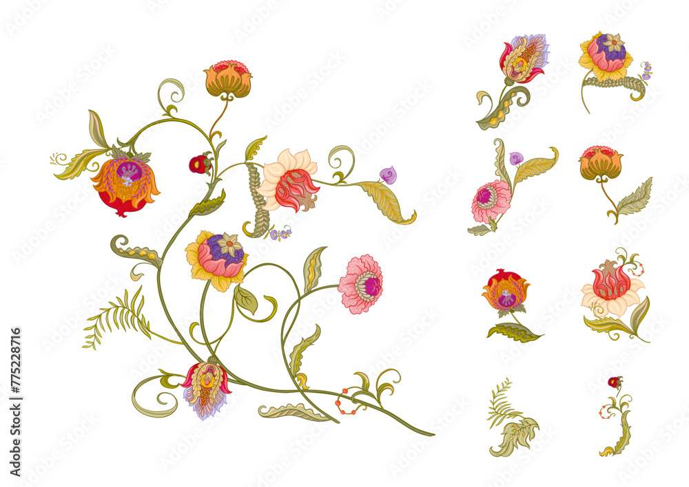 custom made wallpaper toronto digitalFantasy flowers in retro, vintage, jacobean embroidery style. Clip art, set of elements for design Vector illustration.