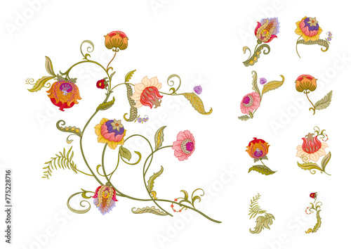 Fantasy flowers in retro, vintage, jacobean embroidery style. Clip art, set of elements for design Vector illustration.