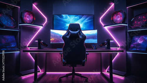 A gaming room setup with a computer that has three screens a eccentric and dark room with neon light as light source close up with an empty chair 