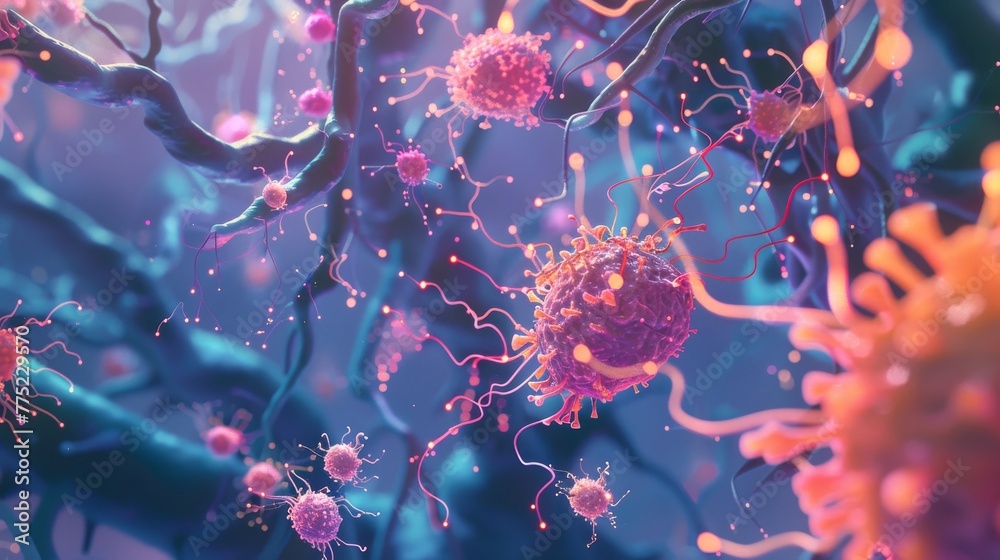 3D artwork depicting an intricate network of neurons and synapses with virus-like particles. 3D artwork depicting an intricate network of neurons and synapses with virus-like particles.