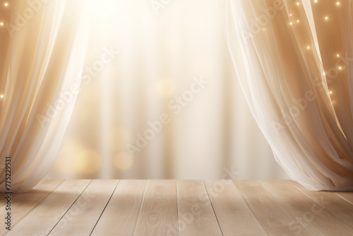 Empty wooden planks or tabletop in front of a blurred bokeh soft white blowing drapery curtain drapes and minimalist background a product display background or wallpaper concept with front-lighting 