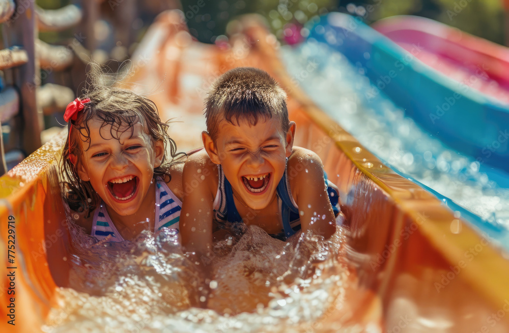 Three happy children sliding down the waterslide at an amusement park, laughing and having fun together