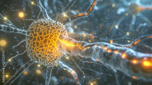 High-definition illustration of an orange neuron transmitting signals along blue synaptic connections against a dark background with light particles.