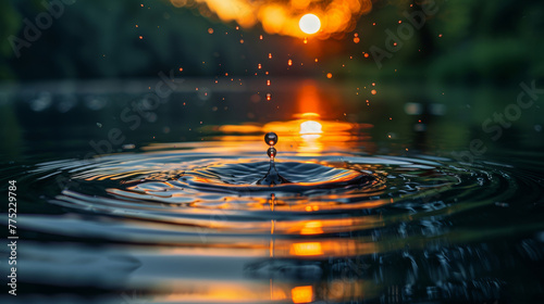 Water droplet against sunset reflection