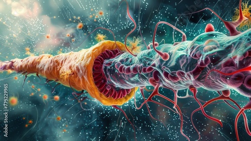 3D rendering of a microscopic view of a nerve cell with detailed myelin sheath and synapses. photo