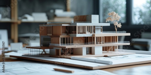 An architectural model and its blueprints, the precursors to a houses construction journey photo