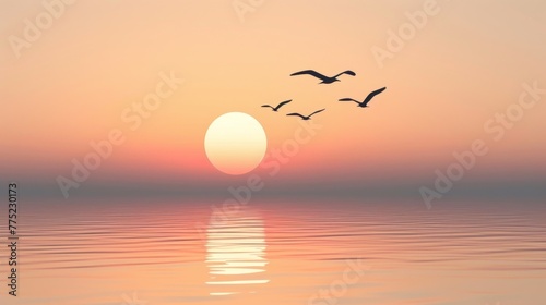 Sunset over calm waters with flying birds © LabirintStudio