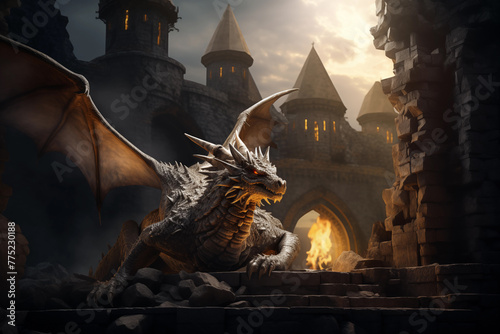 Epic dragon resting in castle ruins. Generative AI photo