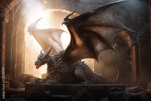 Epic dragon resting in castle ruins. Generative AI