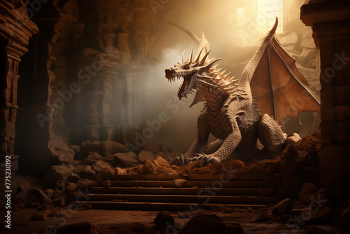 Dragon resting in castle ruins. Generative AI
