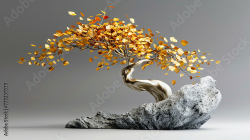 A 3D-printed sculpture of a tree with golden leaves, metaphor for growth and investment photo