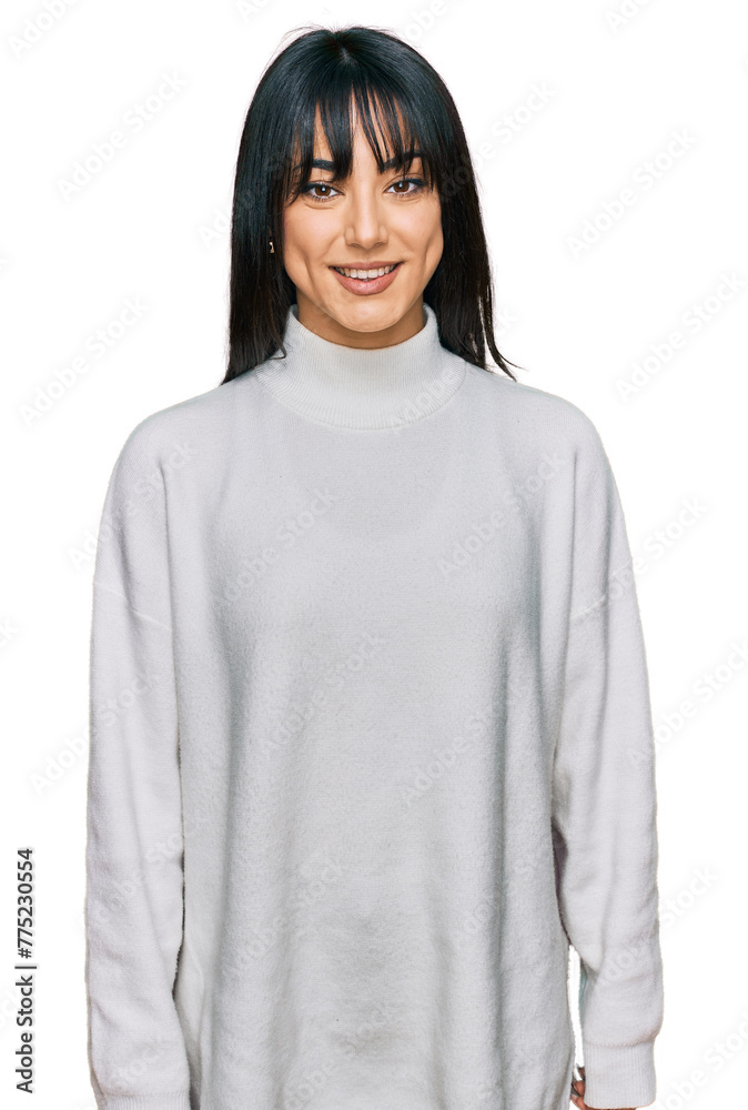 Young brunette woman with bangs wearing casual turtleneck sweater with a happy and cool smile on face. lucky person. Young brunette woman with bangs wearing casual turtleneck sweater with a happy and cool smile on face. lucky person.