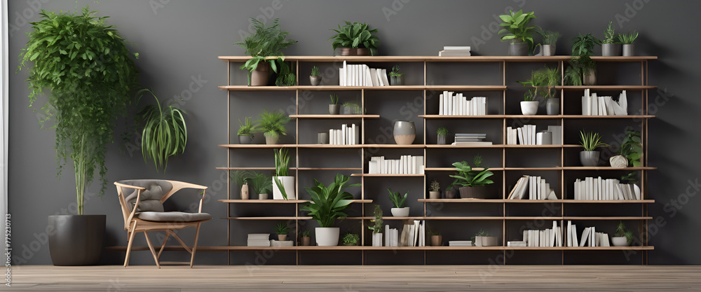3D render of bookshelves and green plants on the shelves in an interior design scene with books, wooden shelfs, armchair and lots of potted houseplants against dark grey wall