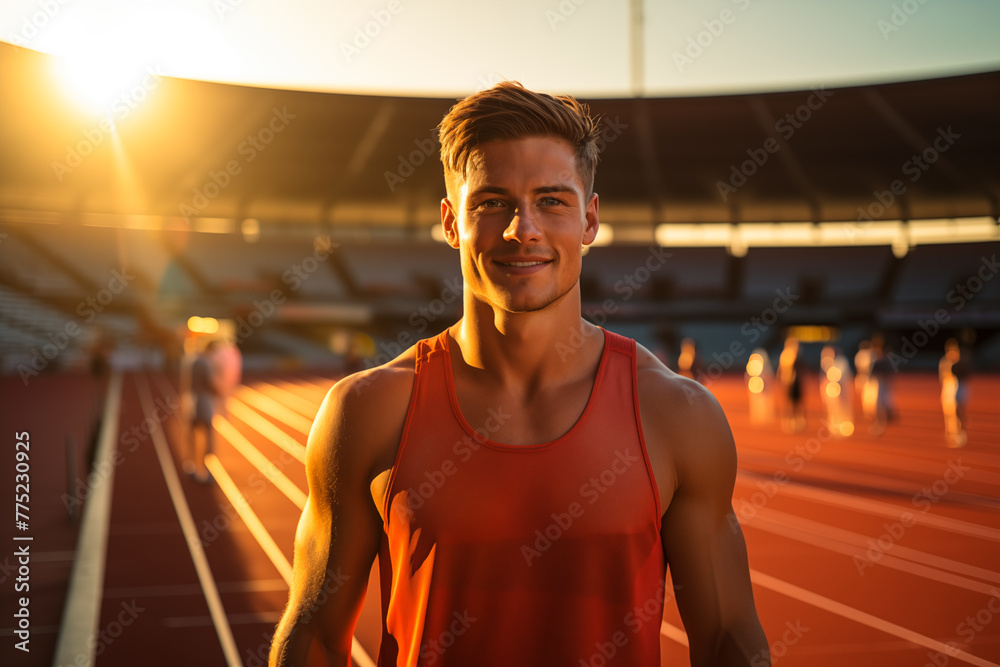 Portrait of a sweaty caucasian sprinter athlete after training in a stadium. Generative Ai.