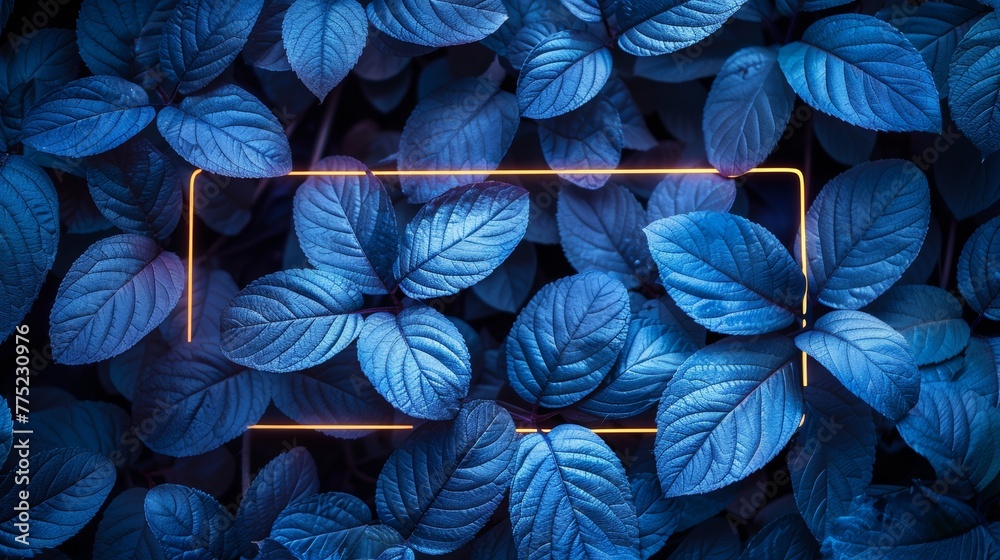 Blue leaves with neon light frame
