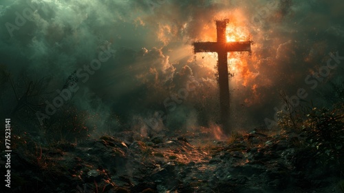 Ethereal cross in a misty forest at dusk