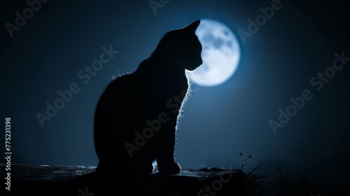 Silhouette of a cat against the moon at night