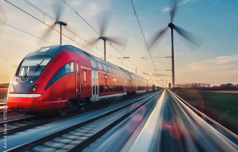 Highspeed train zipping past wind turbines, a symbol of motion a