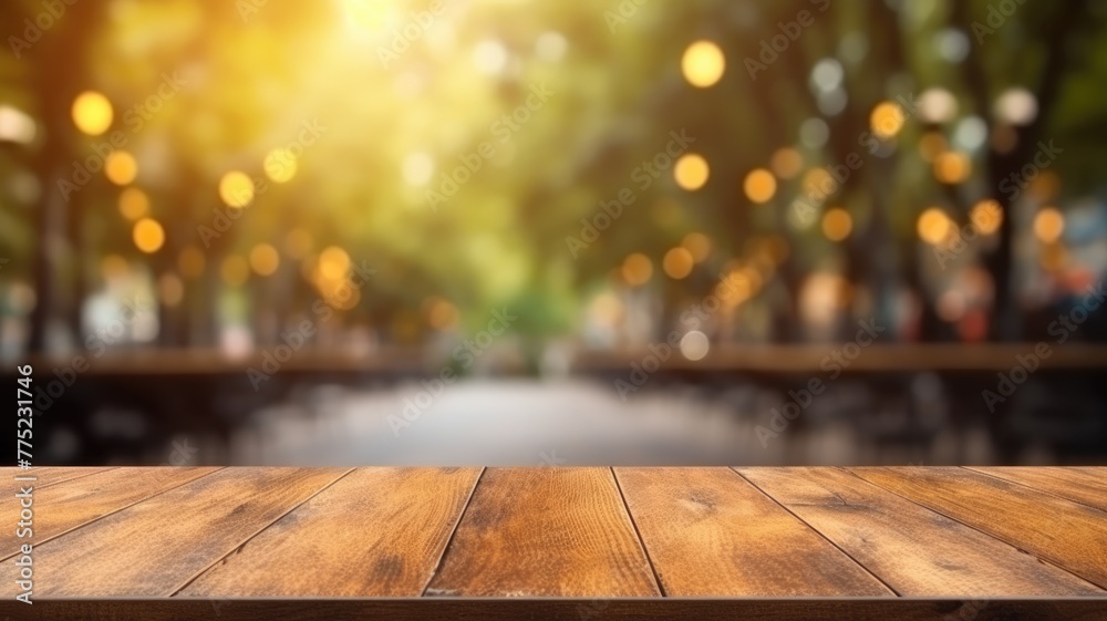 The empty wooden table top with blur background of outdoor cafe at the street. Exuberant image. generative ai