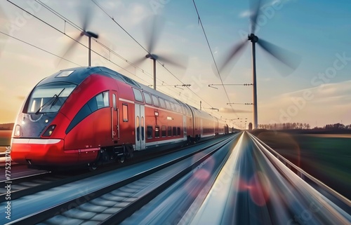 Highspeed train zipping past wind turbines, a symbol of motion a