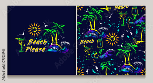 Summer holiday label, emblem with tropical island, sun icon, ocean waves, text. Paint brush strokes, splattered paint. Bright glowing neon fluorescent colors. Outline, contour illustrations