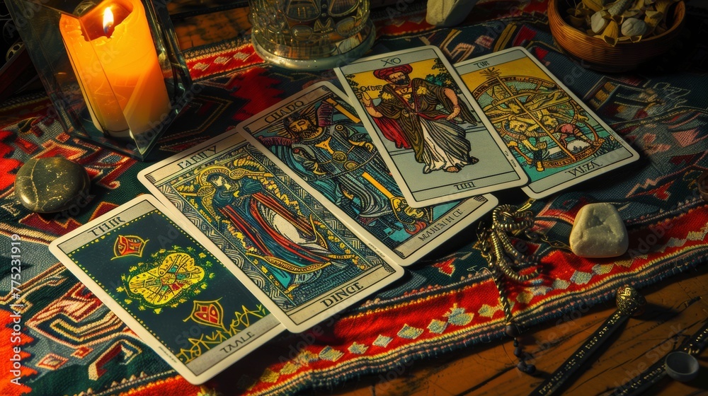 Tarot reader collects tarot cards. Tarot cards face down on a table next to burning candles. Tarot reader collects tarot cards. Tarot cards face down on a table next to burning candles.