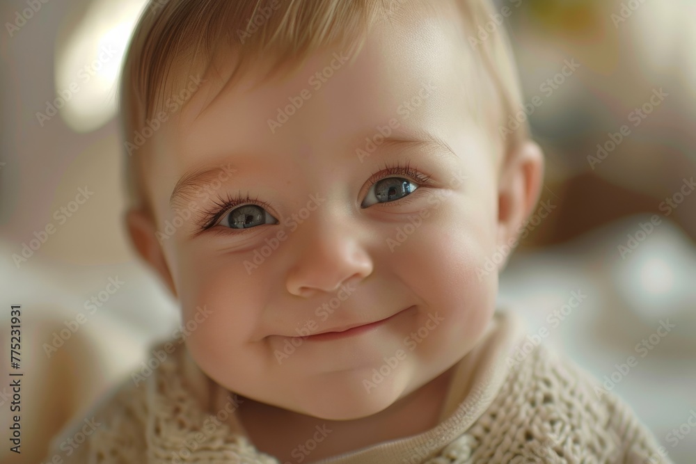 A close-up image of a smiling infant, captivating with tenderness and joy