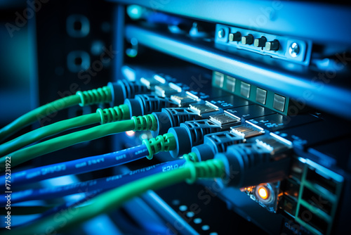 LAN cable being plugged into a network switch. Generative AI photo