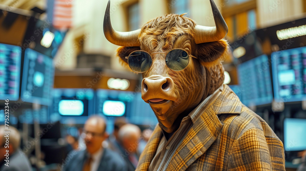 Stylized highland cow in a trader's outfit on the stock exchange floor looking confident Stylized highland cow in a trader's outfit on the stock exchange floor looking confident