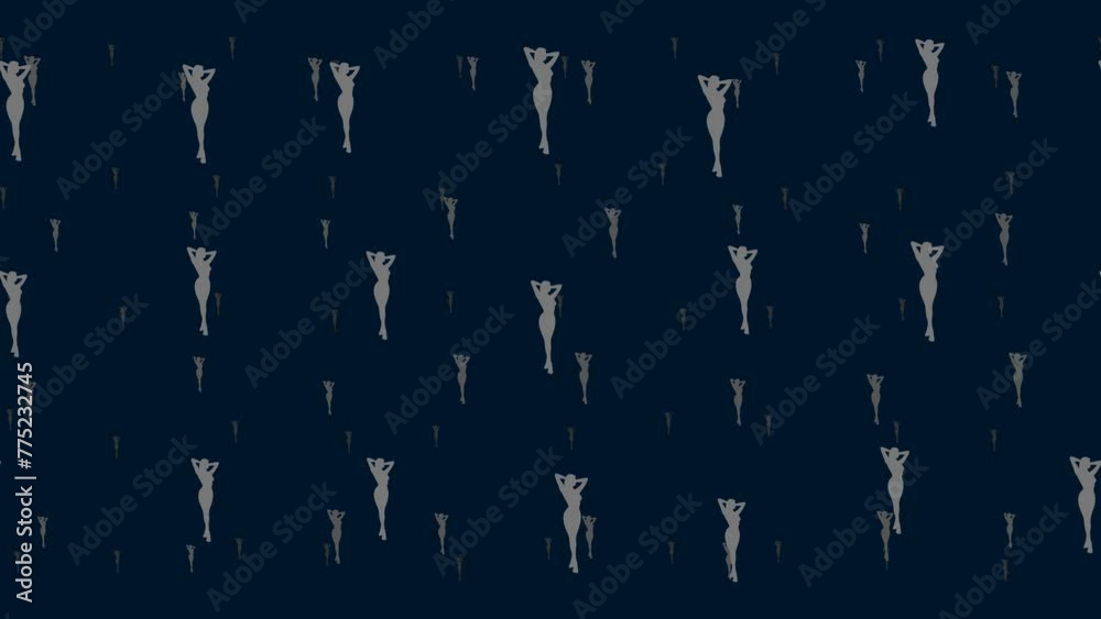 Sexy woman images float horizontally from left to right. Parallax fly effect. Floating symbols are located randomly. Seamless looped 4k animation on dark blue background