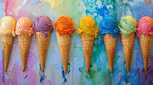 Colorful melting ice cream cones against an artistic backdrop