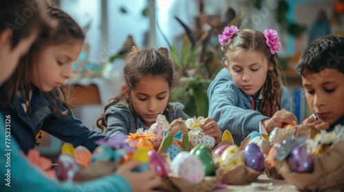 A group of happy children are gathered around a table, smiling and sharing Easter eggs from storage baskets. The toddlers and babies are having fun at this leisure event, building memories together