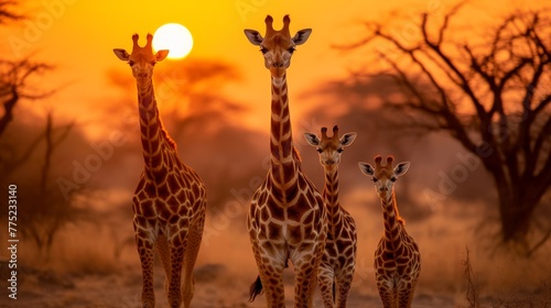 Giraffes and sun setting in the forest