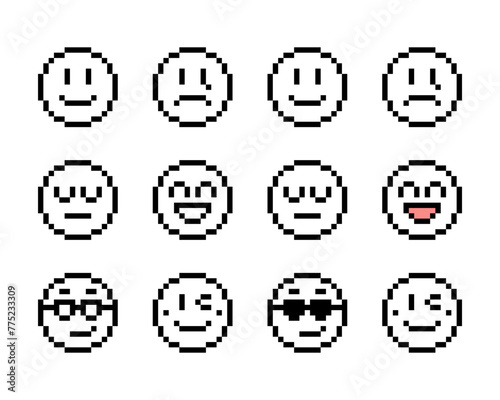 Black and white smiling, crying, sleeping, cool, laughing, winking face icon sticker. Emoji, emoticon outline pixel art isolated element.