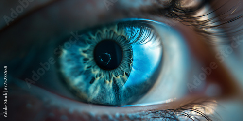 A close-up of a person's eye with a blue iris, showcasing the intricate details and captivating color.