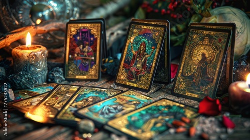 Tarot reader collects tarot cards. Tarot cards face down on a table next to burning candles.