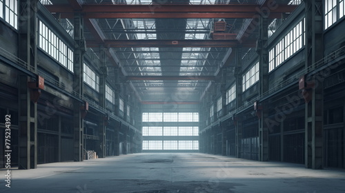 An expansive, tidy warehouse interior with high ceilings and sunlight filtering through skylights, highlighting its vast, unoccupied space photo