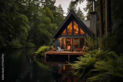 Serene lakeside cabin surrounded by lush forest. Generative AI photo