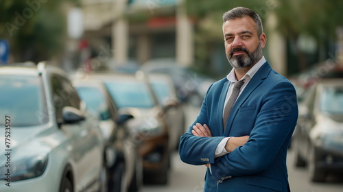 Dealership showroom, Smiling man in business attire with arms crossed in front of new cars