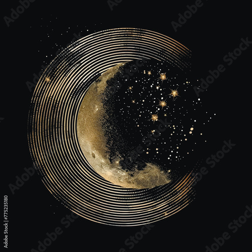 Gold glittery shiny 3d lines screscent and stars. luxury surface golden half moon with gold glitter. Beautiful creative surface glowing moon pattern on black background. Grunge texture. Ornate design photo