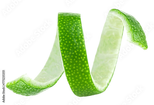 Lime peel twist isolated on a white background. Lime fruit peel or lime zest.