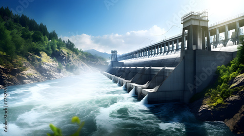 bird's eye view hydro dam, mountain hydroelectric plant, river dam aerial shot