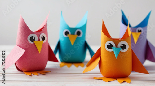 Kids crafts, colorful birds made of toilet rolls and papers