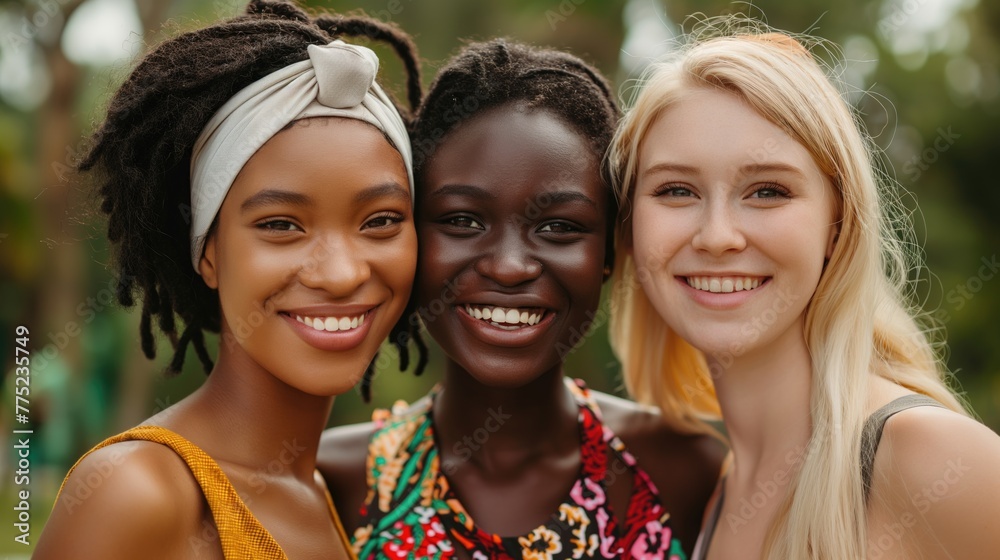 Young pretty afro and european women together in the park. Multiethnic group of friends having fun outdoors. Young pretty afro and european women together in the park. Multiethnic group of friends having fun outdoors.