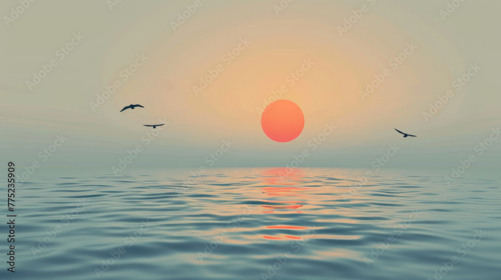 Serene sunset over the ocean with birds