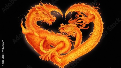 A fiery dragon in the shape of a heart on a black background.