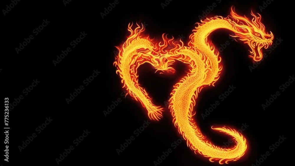 Fototapeta premium A fiery dragon in the shape of a heart on a black background.