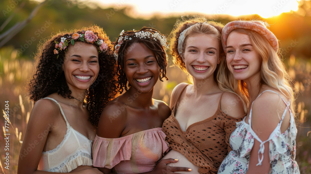 Group of young pregnant women with different ethnicities and skin color in a womans retreat, wearing summer desses and flowers. Nature background. Spiritual, relaxation, retreat concept. Generative ai Group of young pregnant women with different ethnicities and skin color in a womans retreat, wearing summer desses and flowers. Nature background. Spiritual, relaxation, retreat concept. Generative ai