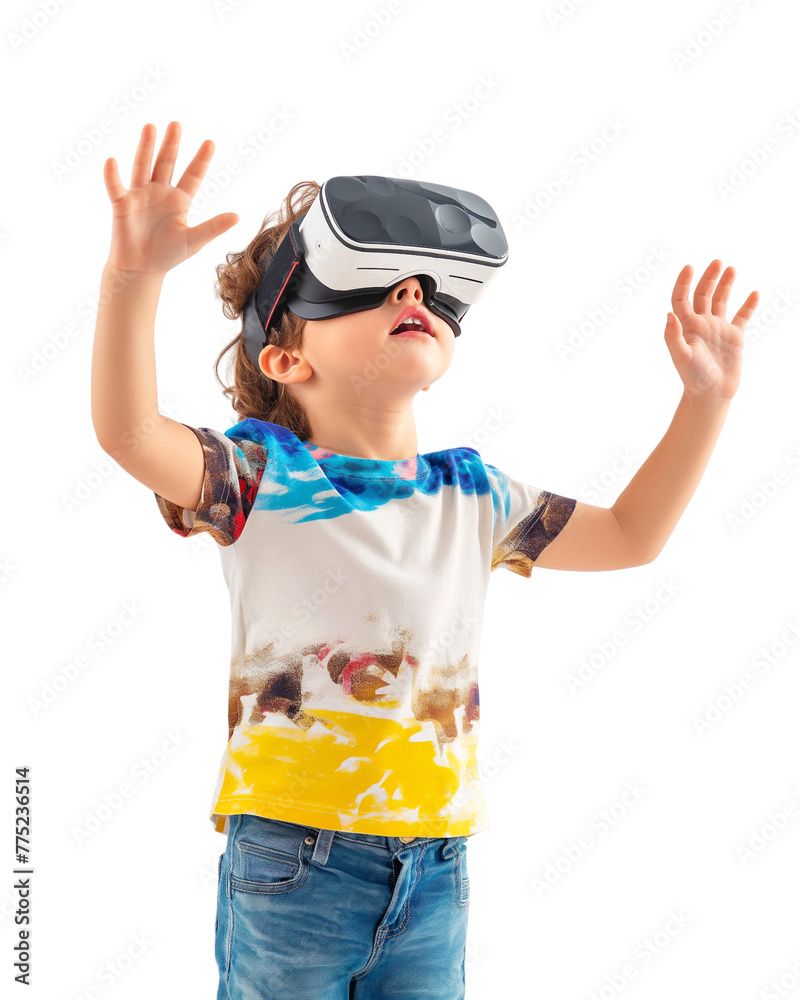 Cute kid wearing virtual reality headset isolated on transparent background Cute kid wearing virtual reality headset isolated on transparent background